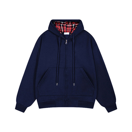 Damen lässige Kapuzenjacke mit Karo-Innenfutter und durchgehendem Reißverschluss EB