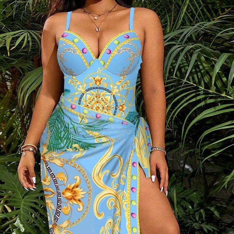 Damen Elegantes Sommerkleid mit hohem Schlitz und verspieltem Kordelzug EB