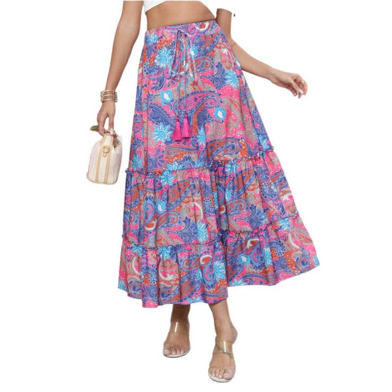Damen Midi-Rock im verspielten Boho-Stil mit buntem Paisleymuster und voluminösem Saum EB