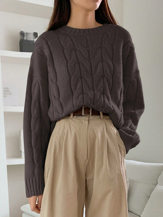 Damen Gemusterter Strickpullover mit voluminösen Ärmeln und Rundhalsausschnitt EB