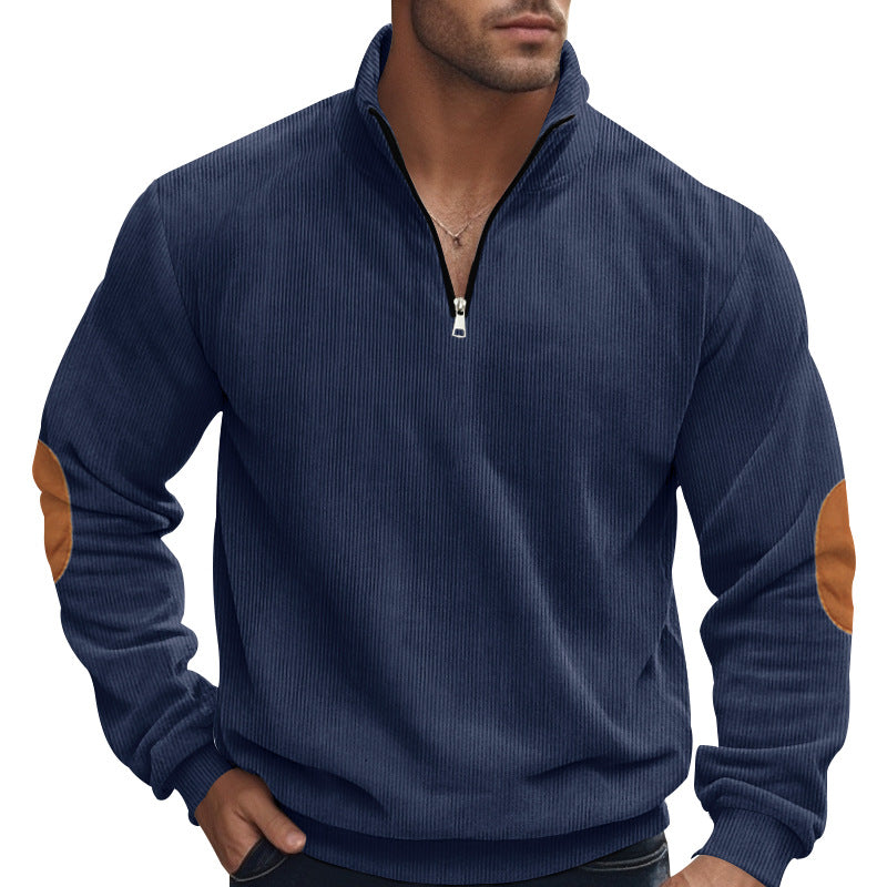 Herren nan Troyer-Halbfleecepullover mit Rippstruktur, elastischen Bündchen und Kontrast-Ellenbogenpatches EB