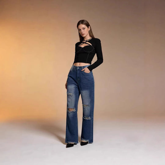 Damen nan hochgeschnittene Relaxed-Jeans mit weitem Bein, Knie-Rips und rohem Saum EB
