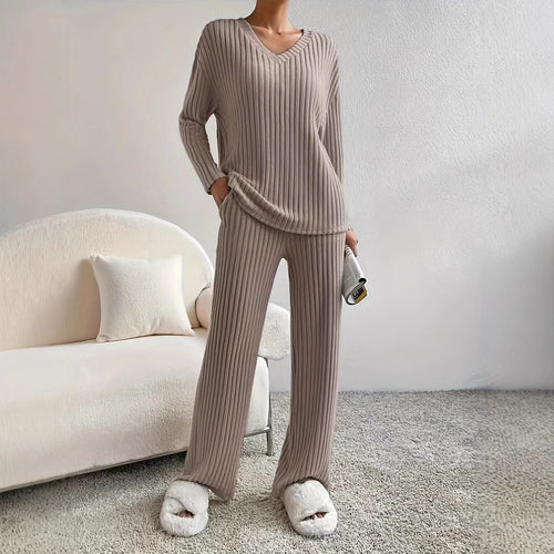 Damen Komfortables Strickset mit V-Ausschnitt und geripptem Design EB