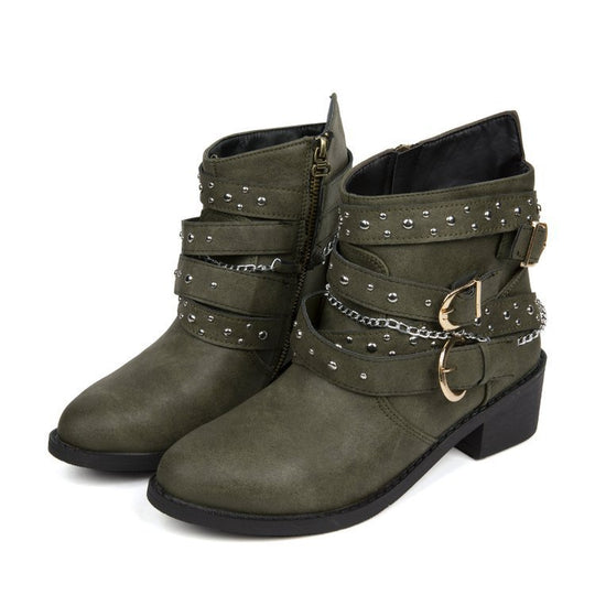 Damen modische Ankle Boots mit dekorativen Schnallen und stabiler Profilsohle EB