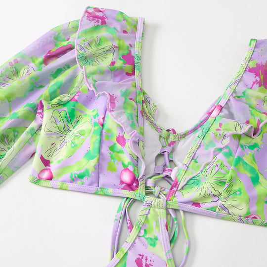 Damen Badeanzug-Set mit voluminösen Ärmeln und modischem Wickelrock EB