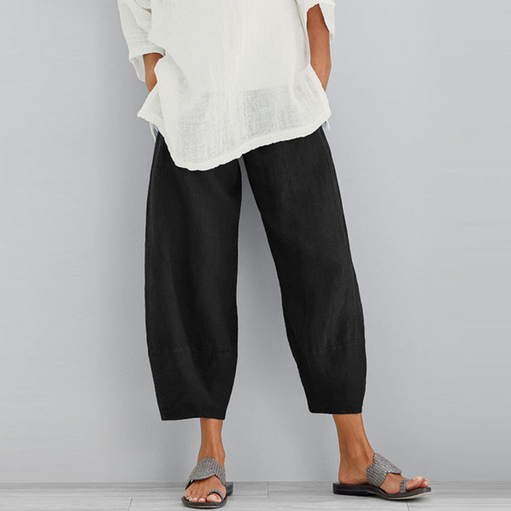 Damen nan weit geschnittene Leinenhose mit Tulpen-Saum und elastischem Bund EB