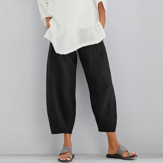 Damen nan weit geschnittene Leinenhose mit Tulpen-Saum und elastischem Bund EB