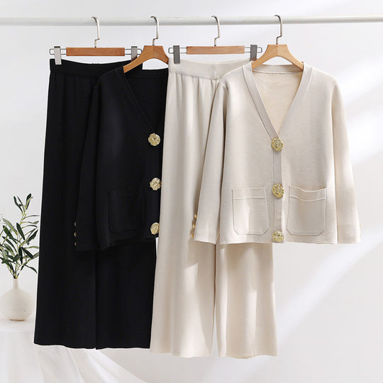 Damen elegantes Strick-Loungewear-Set mit weiten Bein und schönen Knöpfen EB