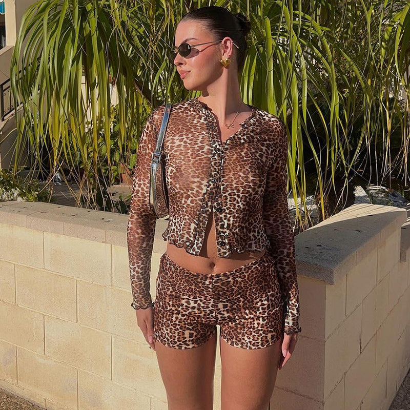 Damen Transparente Leopardenmuster Bluse und Short Set EB