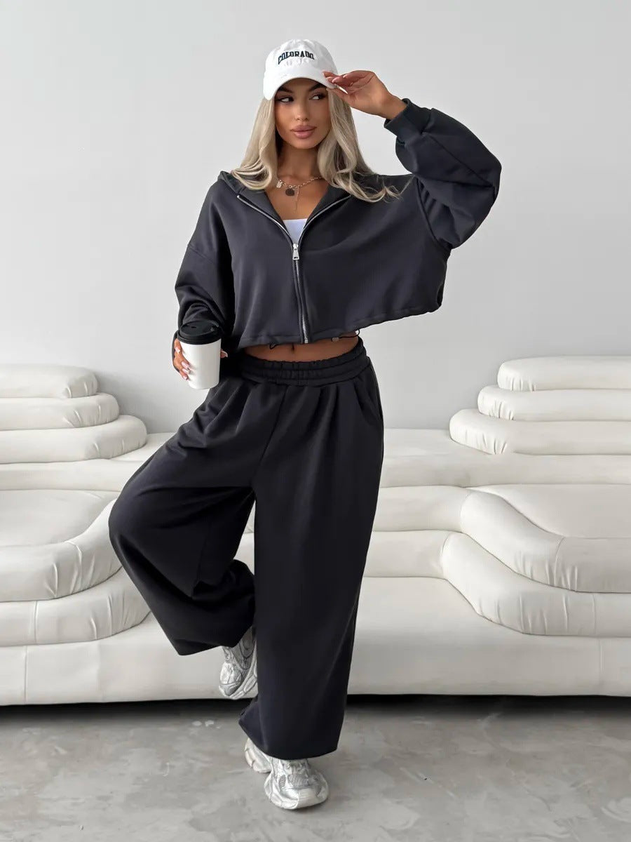 Damen Kurz geschnittenes Kapuzen-Sweatshirt und weite Lounge-Jogginghose Set EB