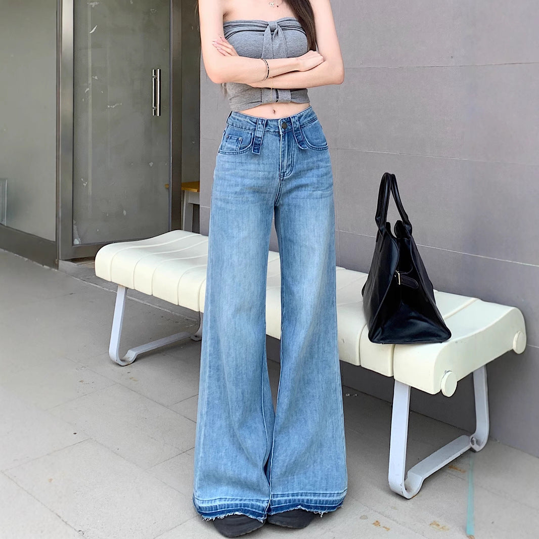Damen weite Bootcut-Jeans mit hohem Bund und ausgefallenem Design EB