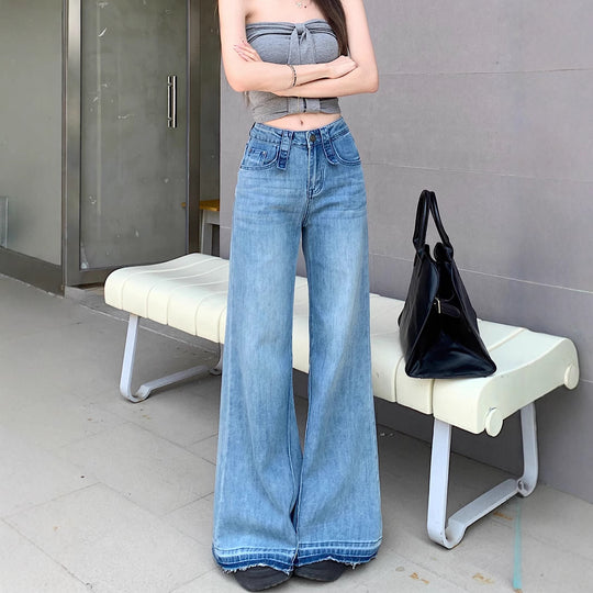 Damen weite Bootcut-Jeans mit hohem Bund und ausgefallenem Design EB