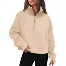 Damen nan weit geschnittenes Kurzpullover mit Stehkragen, halbem Reißverschluss und Kängurutasche EB