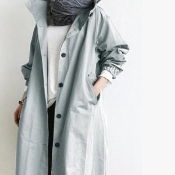 Damen nan leichter oversized Regenmantel mit Kapuze und verdeckter Knopfleiste EB