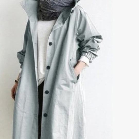 Damen nan leichter oversized Regenmantel mit Kapuze und verdeckter Knopfleiste EB