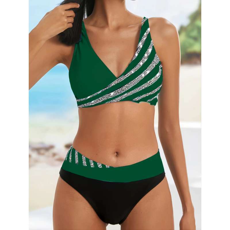 Damen Sportlicher Badeanzug mit kreativen Streifen EB