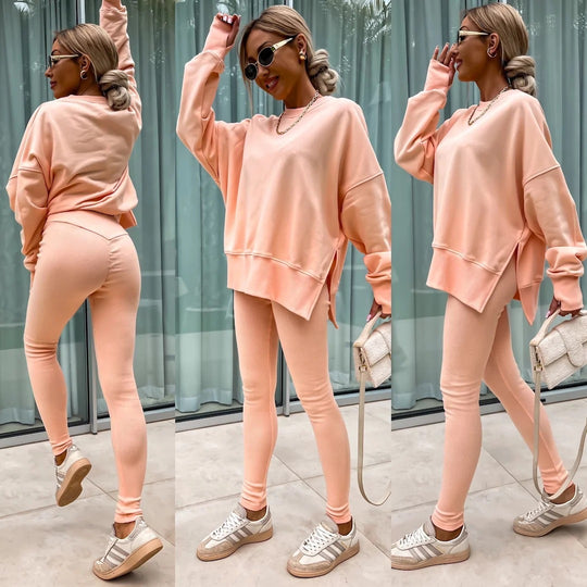 Damen komfortables Oversize-Lounge-Set mit langem Sweatshirt, gerippten High-Waist-Leggings und verlängerten Bündchen EB