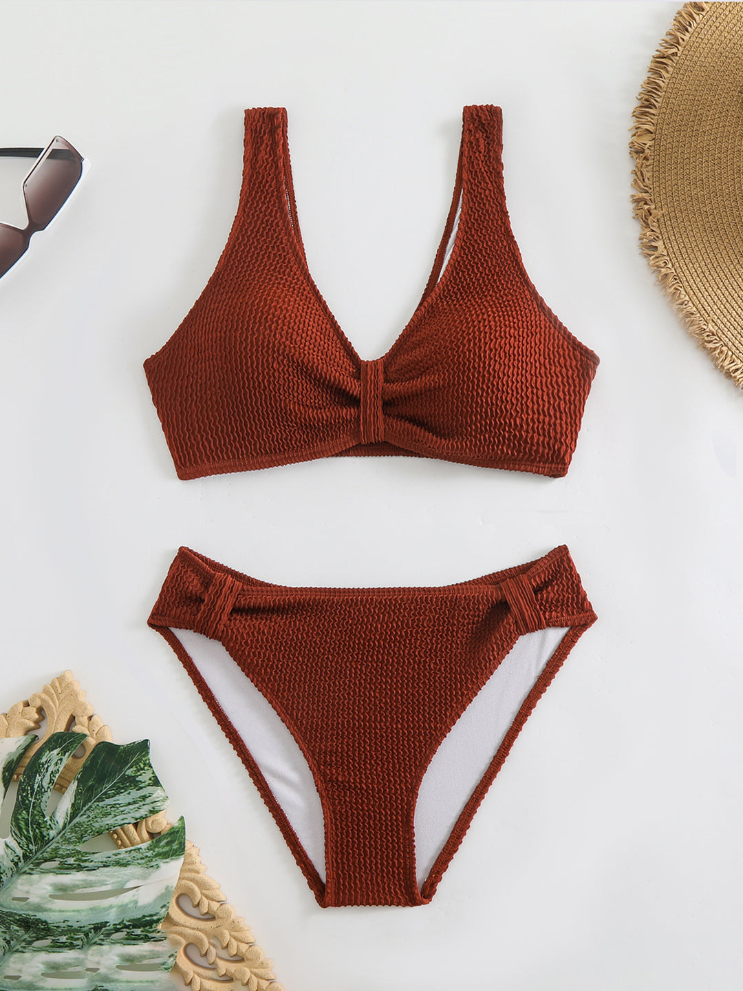 Damen strukturierter Bikini mit versetztem Band EB