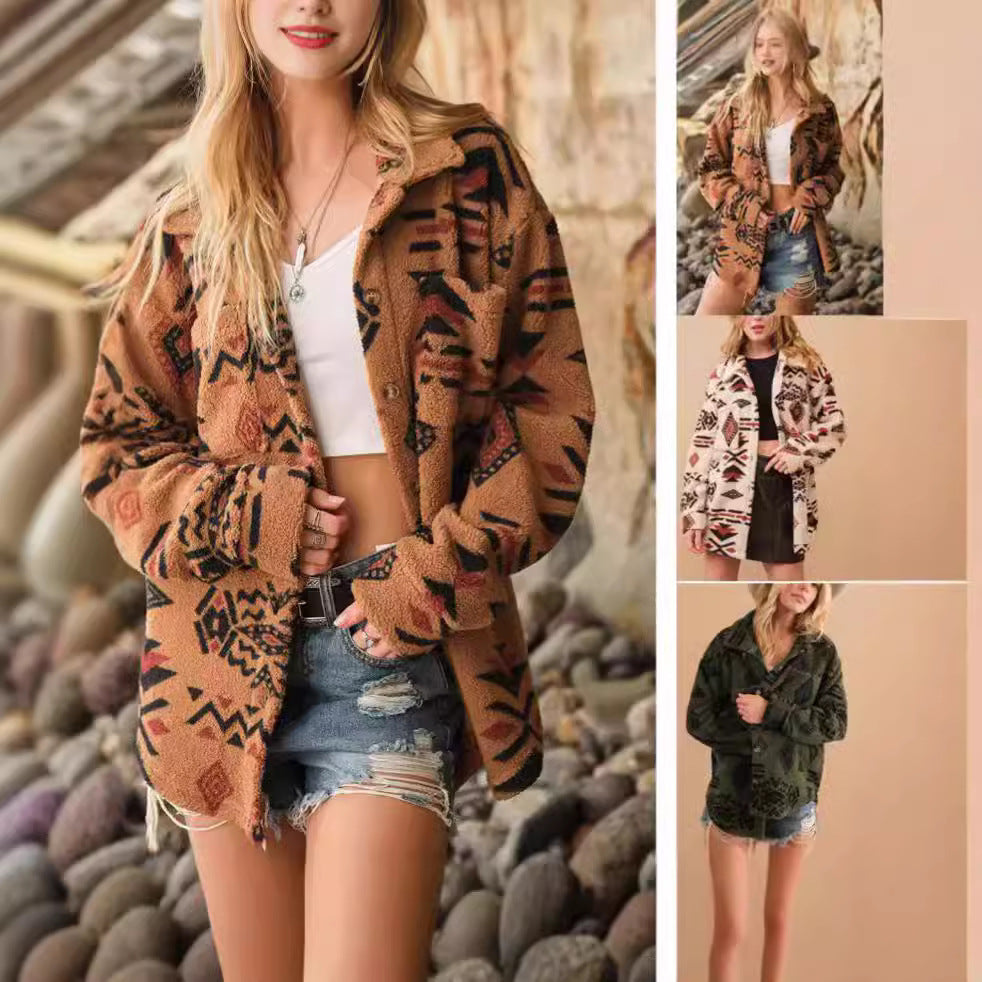 Damen kuschelige Overshirt-Jacke im Ethno-Design EB