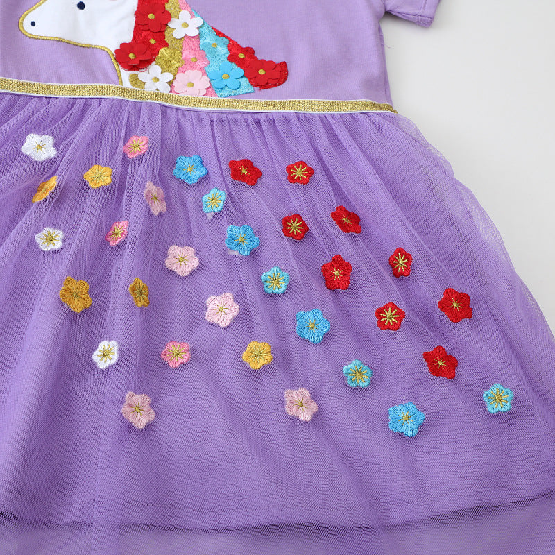 Mädchen Tüllkleid mit bunten Einhorn- und Blumenapplikationen EB