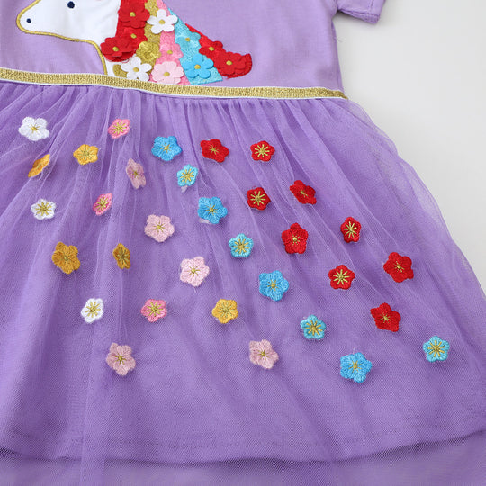 Mädchen Tüllkleid mit bunten Einhorn- und Blumenapplikationen EB