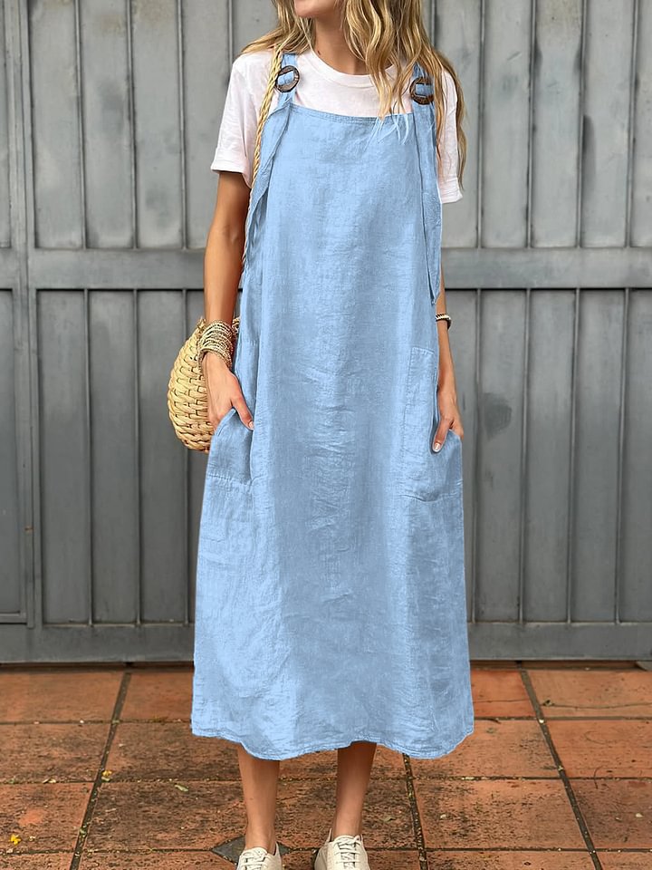 Damen Leichte Leinenkleid mit Taschen EB