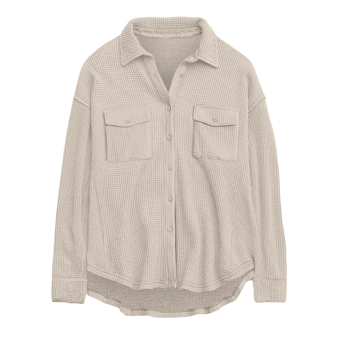 Damen nan oversized Waffelstrick Hemdjacke mit Brusttaschen und Knopfleiste EB