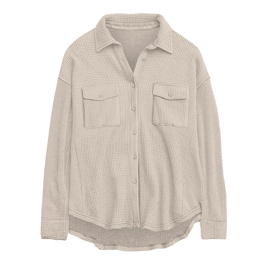Damen nan oversized Waffelstrick Hemdjacke mit Brusttaschen und Knopfleiste EB
