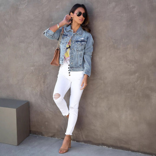 Damen trendige Denimjacke im lässigen Oversize-Schnitt mit fransigen Ärmeln EB