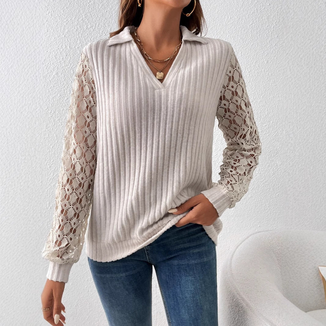 Damen Bluse mit aufwendigen Spitzenärmeln und eleganter Struktur Heidi-Mode