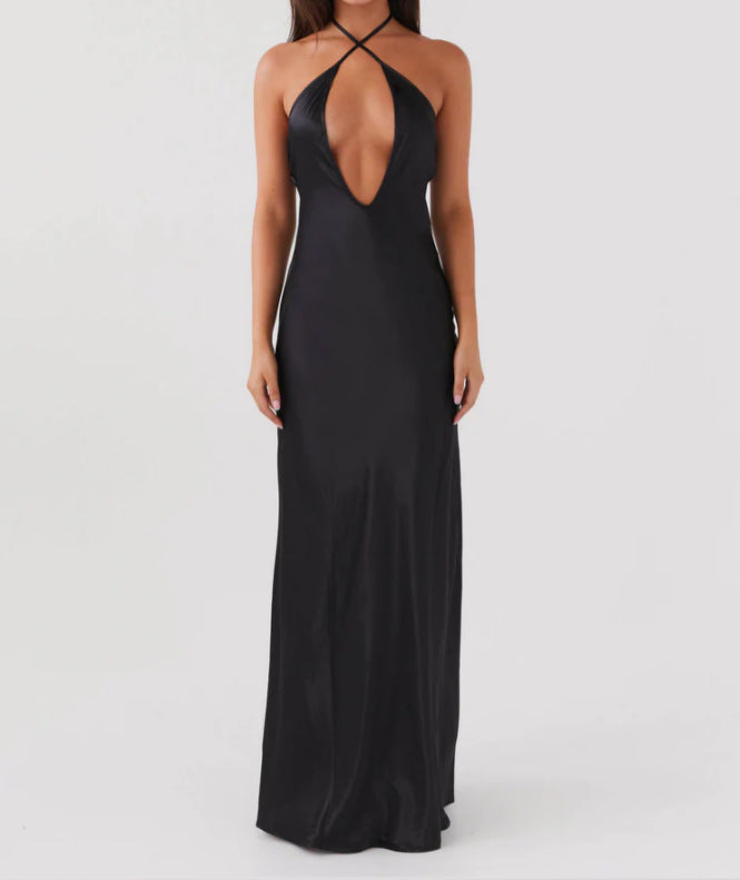 Damen Maxikleid mit tiefem V-Ausschnitt und eleganter Rückenansicht EB