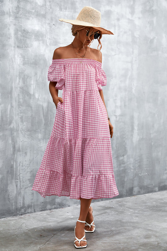 Damen Fließendes Maxikleid mit off-shoulder Design und Rüschensaum EB