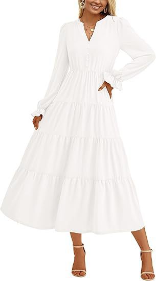 Damen Maxikleid mit knopfverzierter Front und voluminösen Ärmeln EB