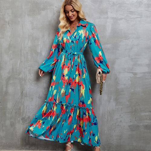 Damen Maxikleid mit voluminösen Ärmeln und schickem Bindegürtel EB