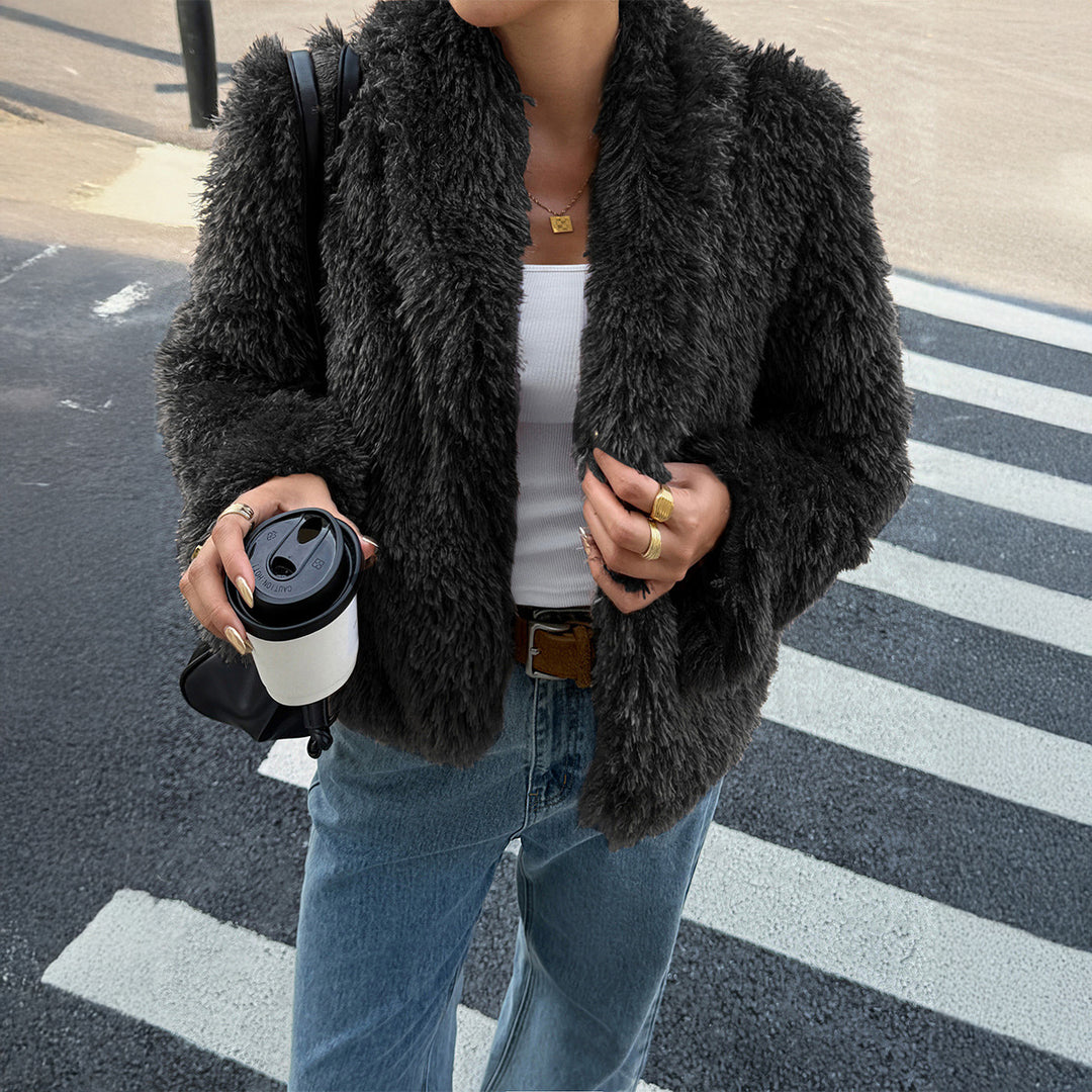 Damen nan flauschiger Teddy-Mantel mit Oversize-Schalkragen, kurzer Länge und geradem Schnitt EB