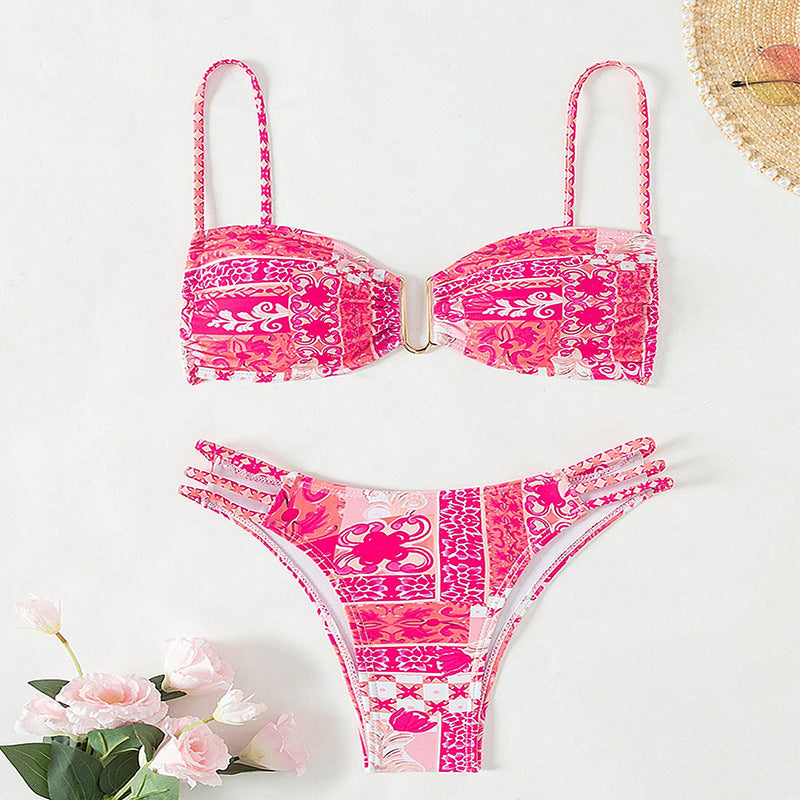 Damen Bandeau-Bikini mit raffinierten Rüschendetails und elegantem Muster EB