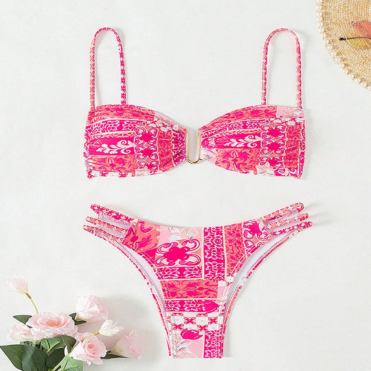 Damen Bandeau-Bikini mit raffinierten Rüschendetails und elegantem Muster EB