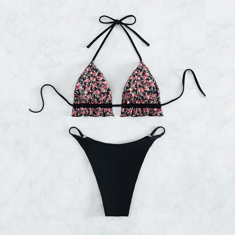 Damen Triangel-Bikini mit Rüschendetails und floralem Muster EB