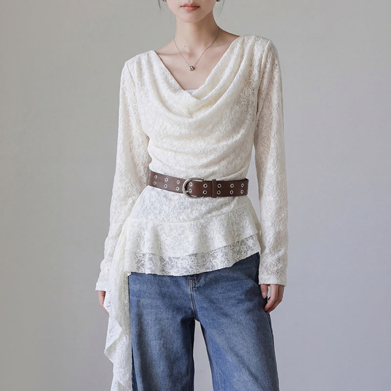 Damen  drapiertes Spitzen-Top mit asymmetrischem Zipfelsaum und Taillengürtel EB