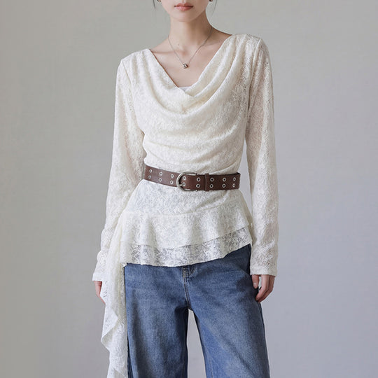 Damen  drapiertes Spitzen-Top mit asymmetrischem Zipfelsaum und Taillengürtel EB