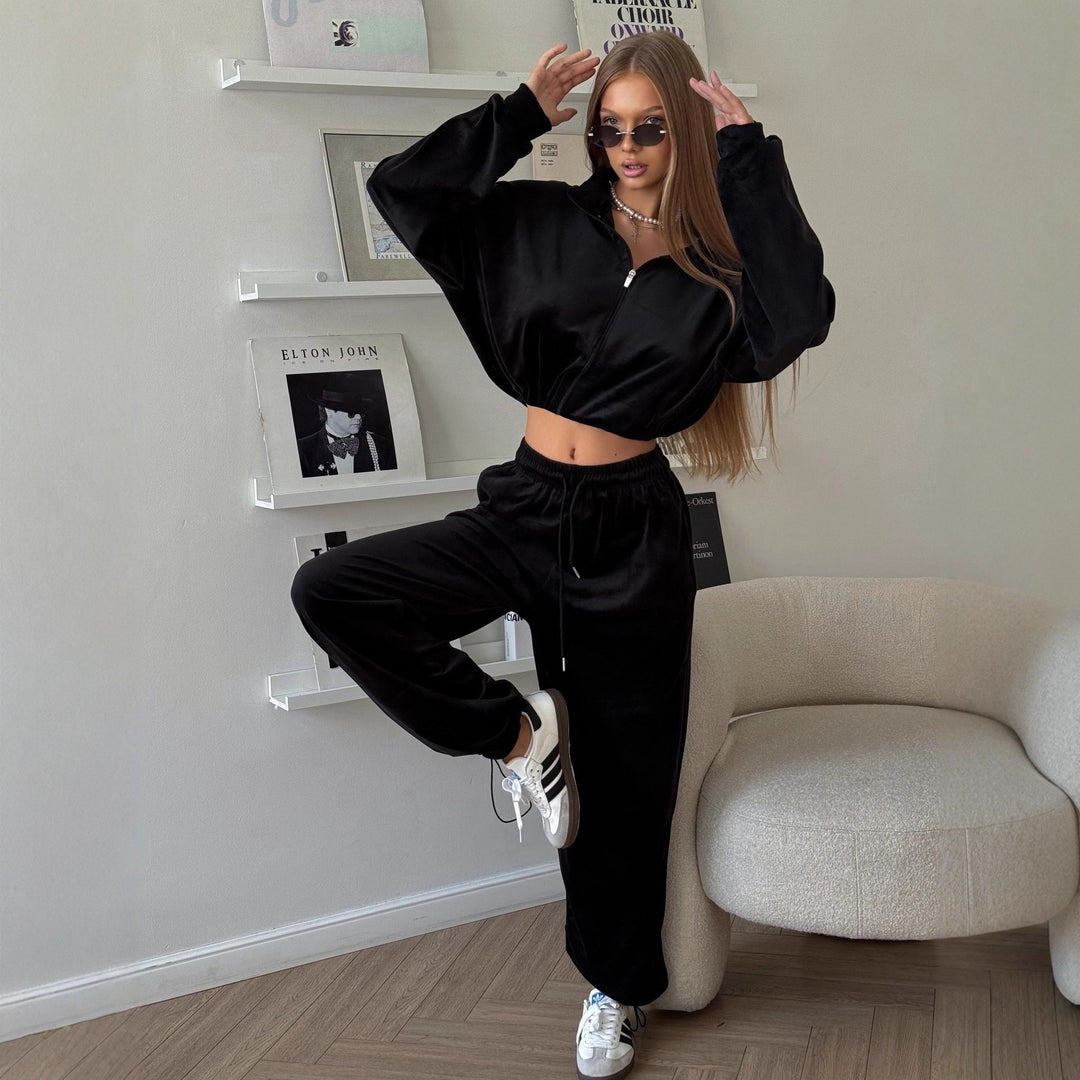 Damen Samt-Loungewear-Set mit kurzem Reißverschluss-Sweater und weitem Kordelzug-Hose EB
