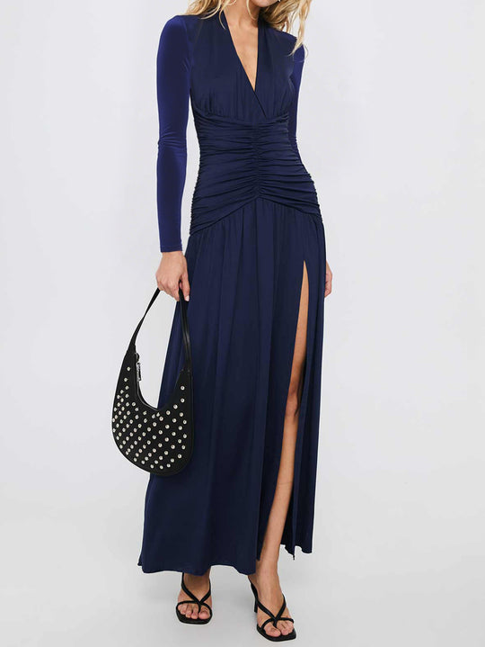 Damen nan elegantes Abendkleid mit gerafftem Wickeloberteil, hohem Beinschlitz und Samtärmeln EB