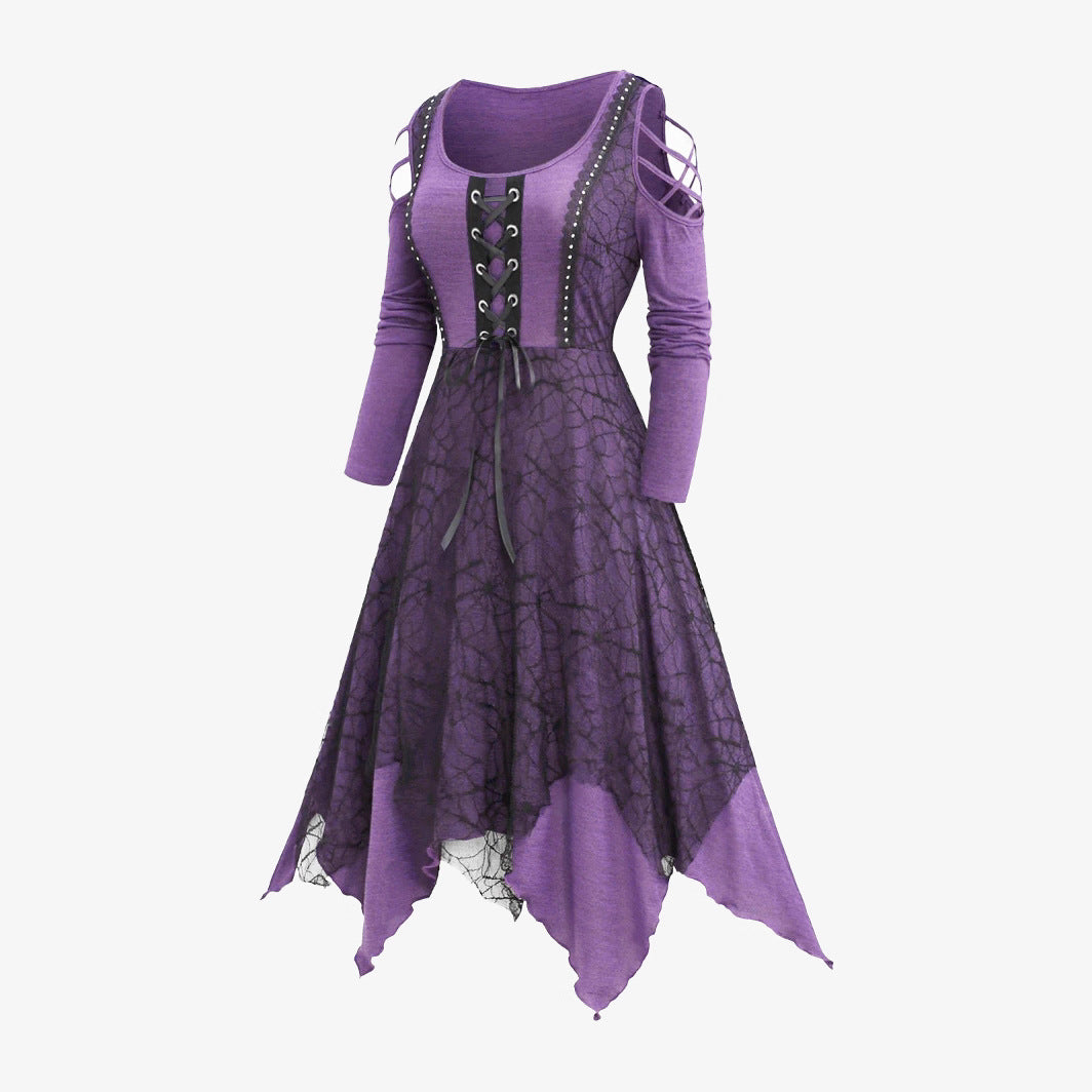 Damen Gothic Maxikleid mit Spitzenbesatz und Schnürung EB