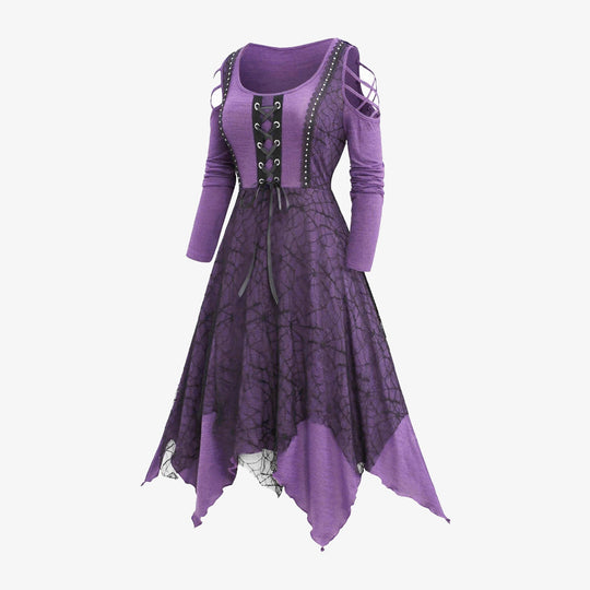 Damen Gothic Maxikleid mit Spitzenbesatz und Schnürung EB