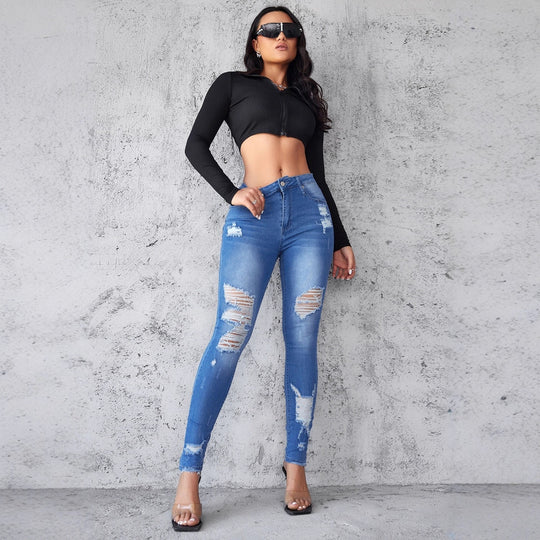 Damen Skinny Jeans mit modischen Ripped-Details und hohem Bund EB