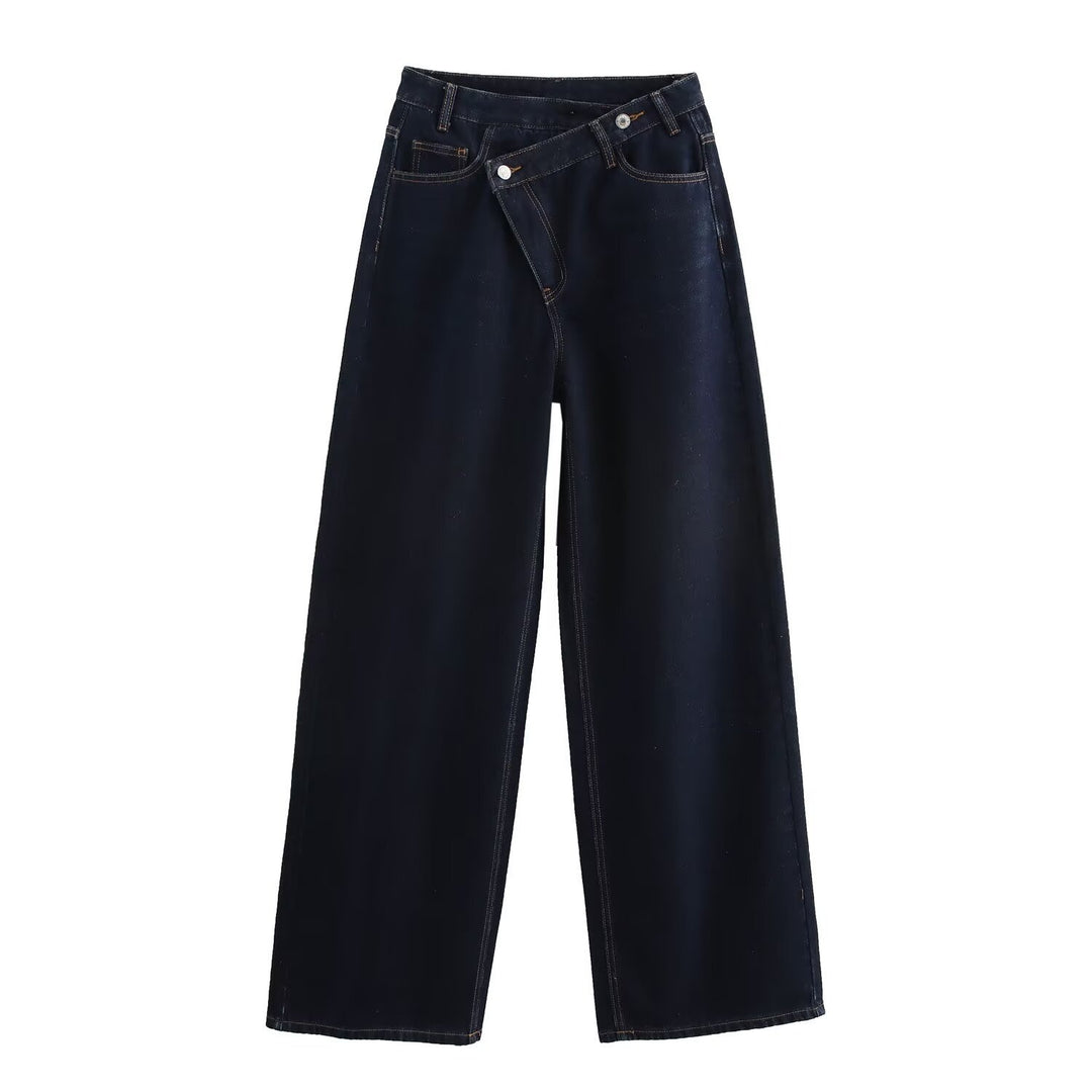 Damen weit geschnittene Jeans mit asymmetrischem Knopfverschluss und hohen Taillen EB