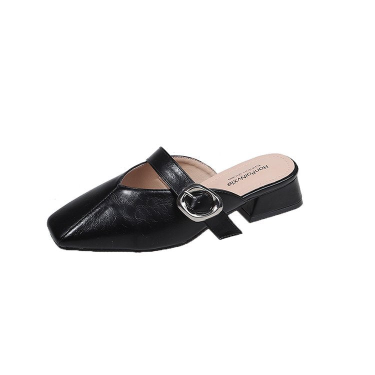 Damen elegante Mules mit quadratischer Zehenpartie und modischen Schnallenakzenten EB