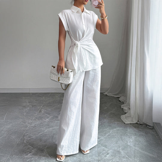 Damen elegantes Zweiteiliges Set mit taillierter Bluse und weit geschnittenen Hosen EB