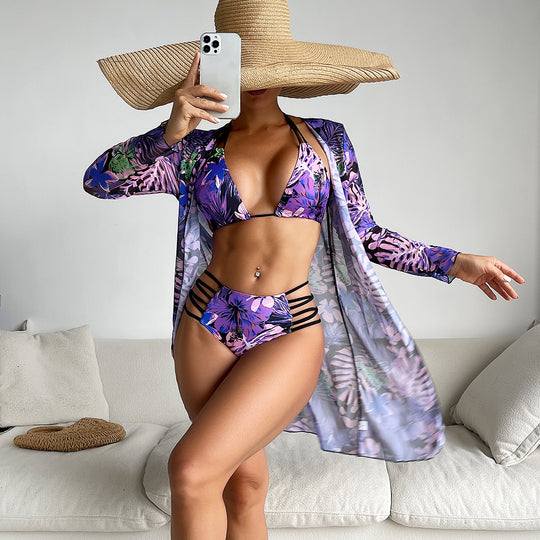 Damen Triangel-Bikini mit hohem Bund und floralem Design EB