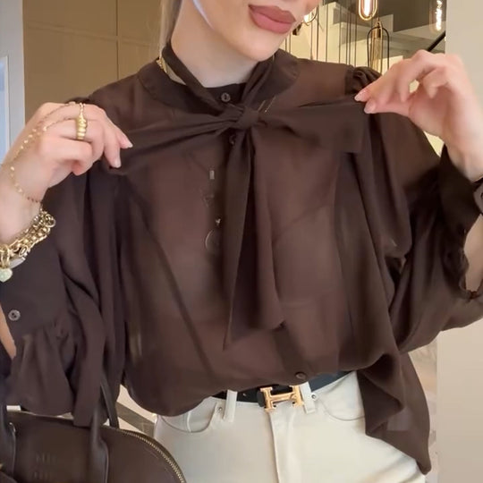 Damen transparente Bluse mit Schleifenkragen EB